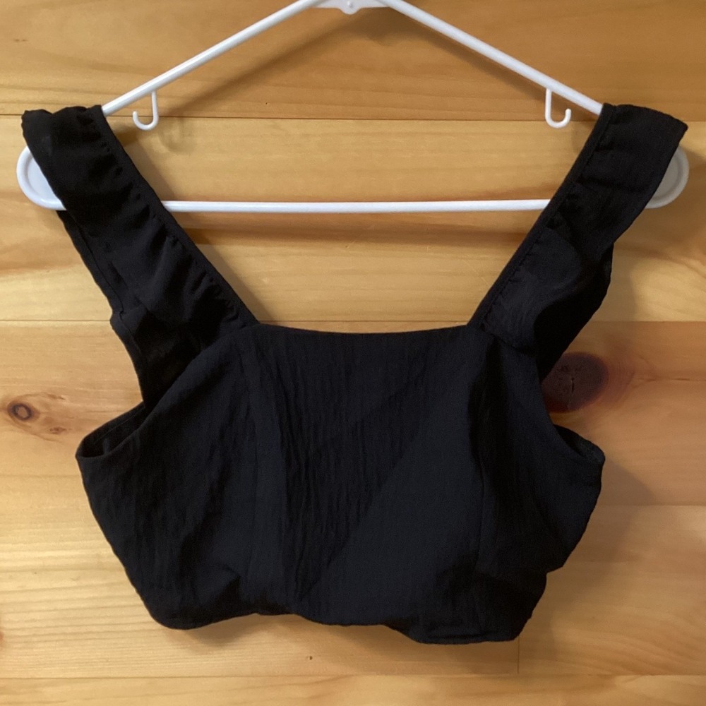 Pink Lily Black Ruffle Strap Crop Top Square Neck Zipper Back Small